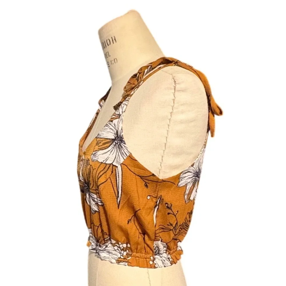Boho Floral Crop Top Tie Strap Tank Brown White Smocked Summer Small - Picture 2 of 7